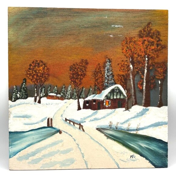 Winter Scene Painting Hand Painted Original Acrylic Rough Wood Raw Edge Signed - Picture 1 of 11